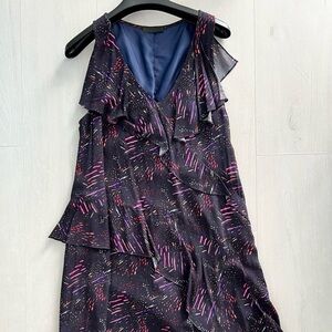 RICHARD CHAI LOVE Tiered Fireworks Dress sz 10 Sleeveless asymmetrical hem Navy